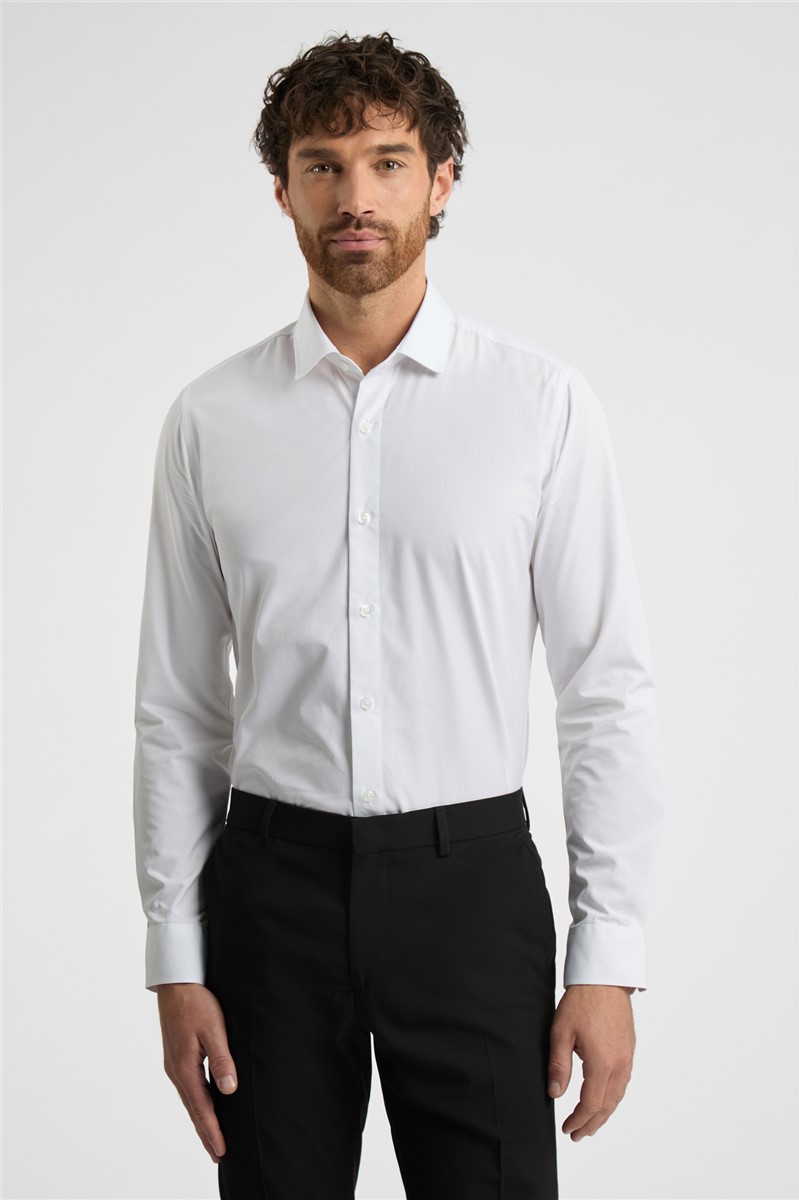  Slim Fit White Cotton Single Cuff Regular Collar Shirt