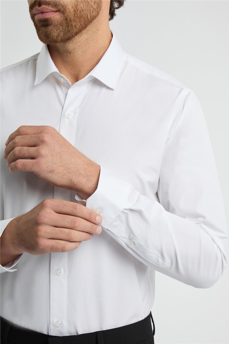  Slim Fit White Cotton Single Cuff Regular Collar Shirt