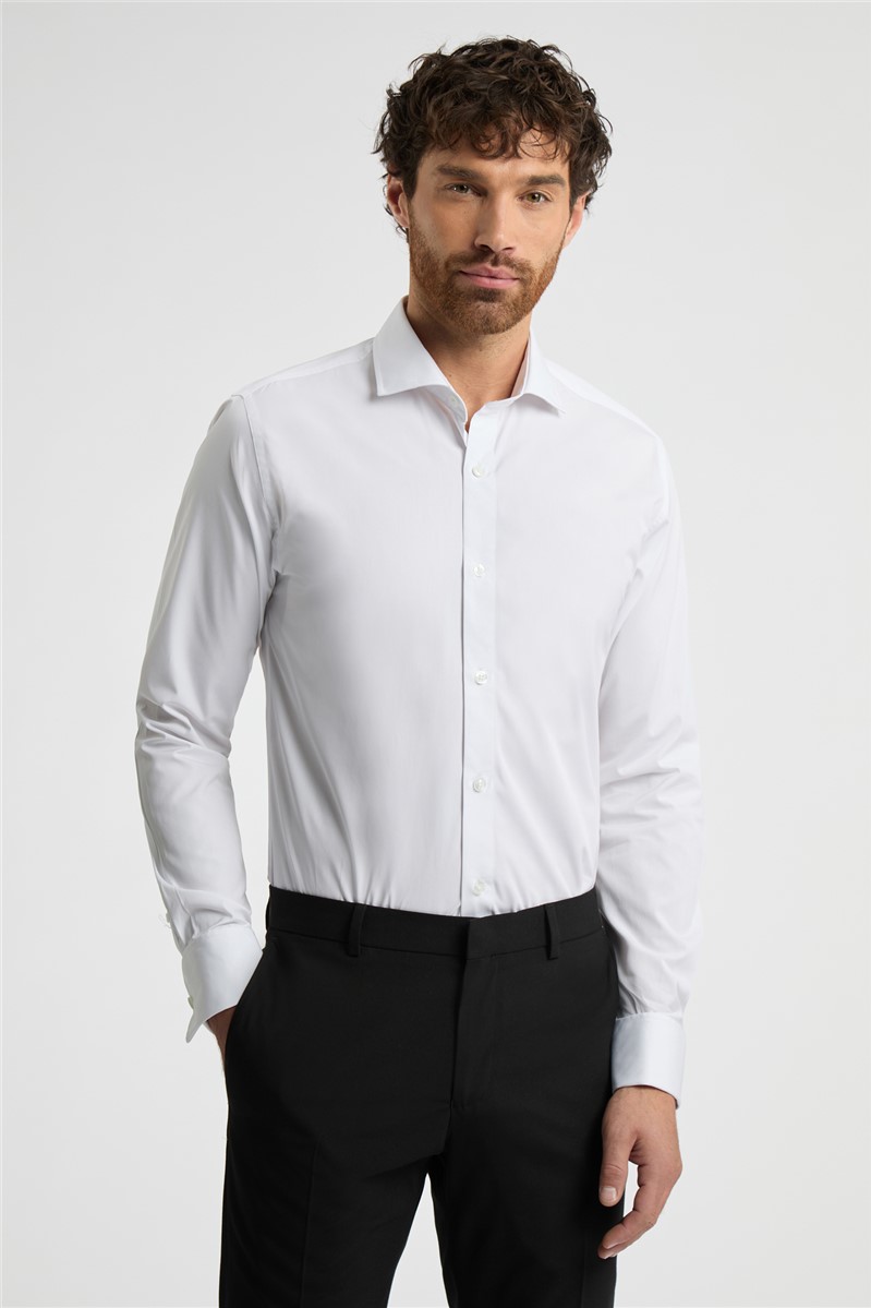  Slim Fit White Cotton Double Cuff Cutaway Collar Shirt