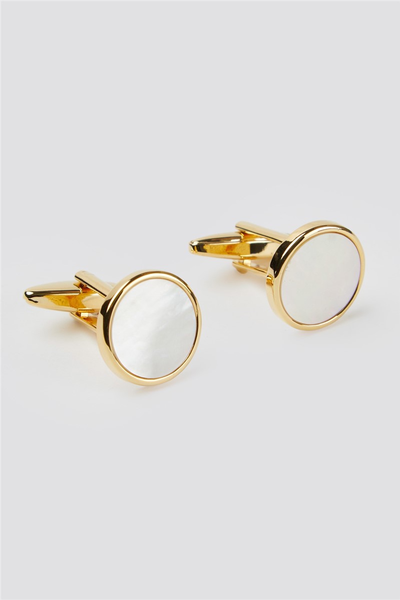  Mother Of Pearl Round Gold Plated Cufflinks