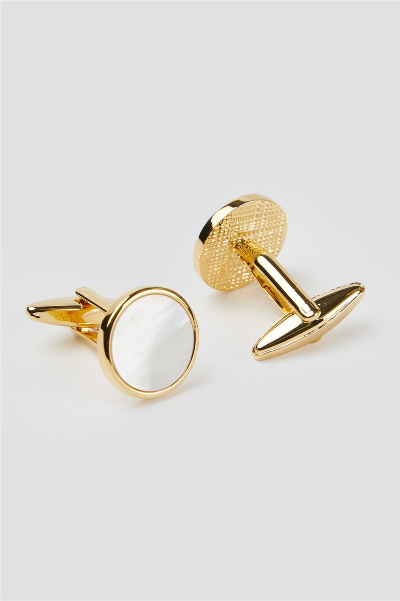  Mother Of Pearl Round Gold Plated Cufflinks