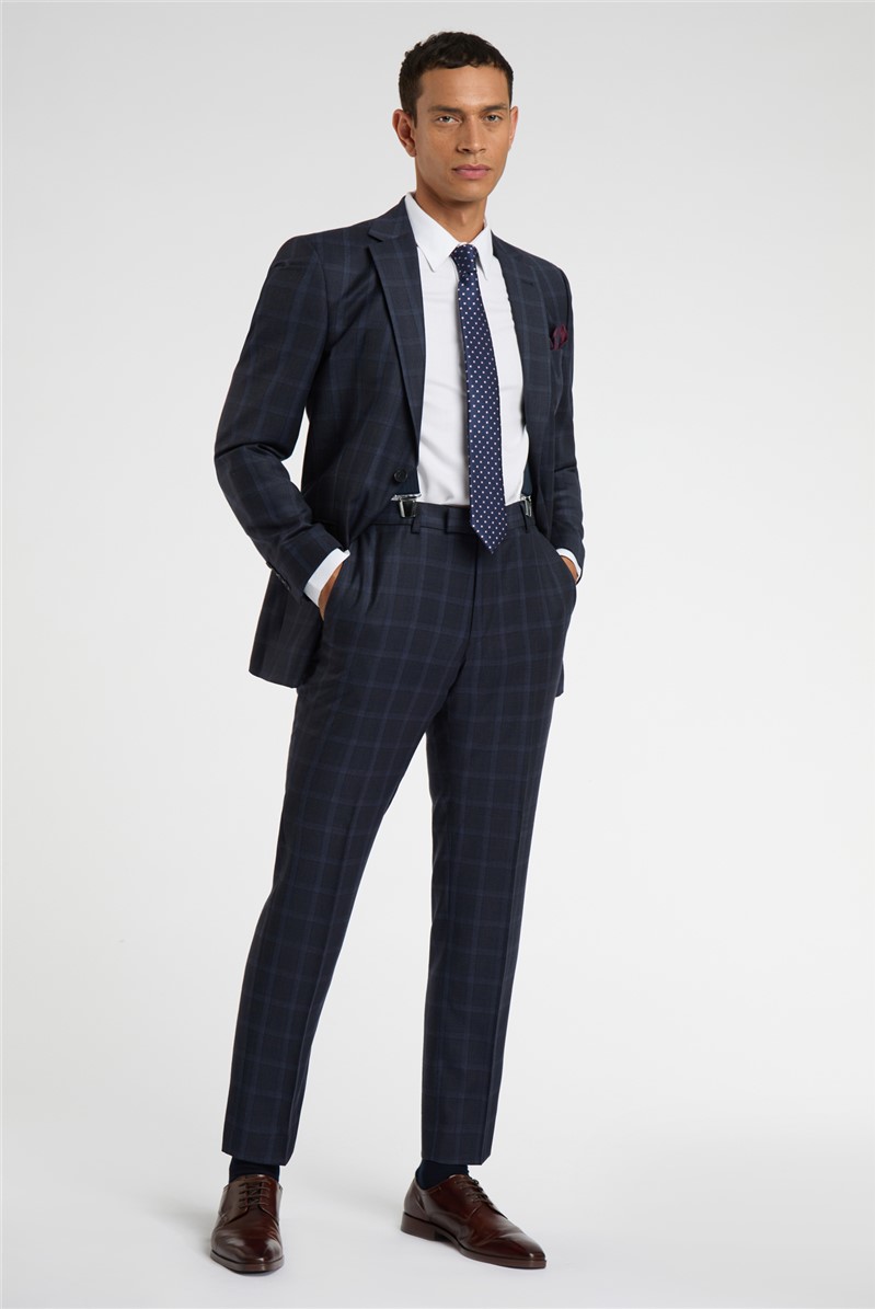  Regular Fit Blue Tan Check Wool Trousers