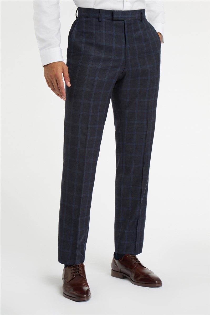  Regular Fit Blue Tan Check Wool Trousers