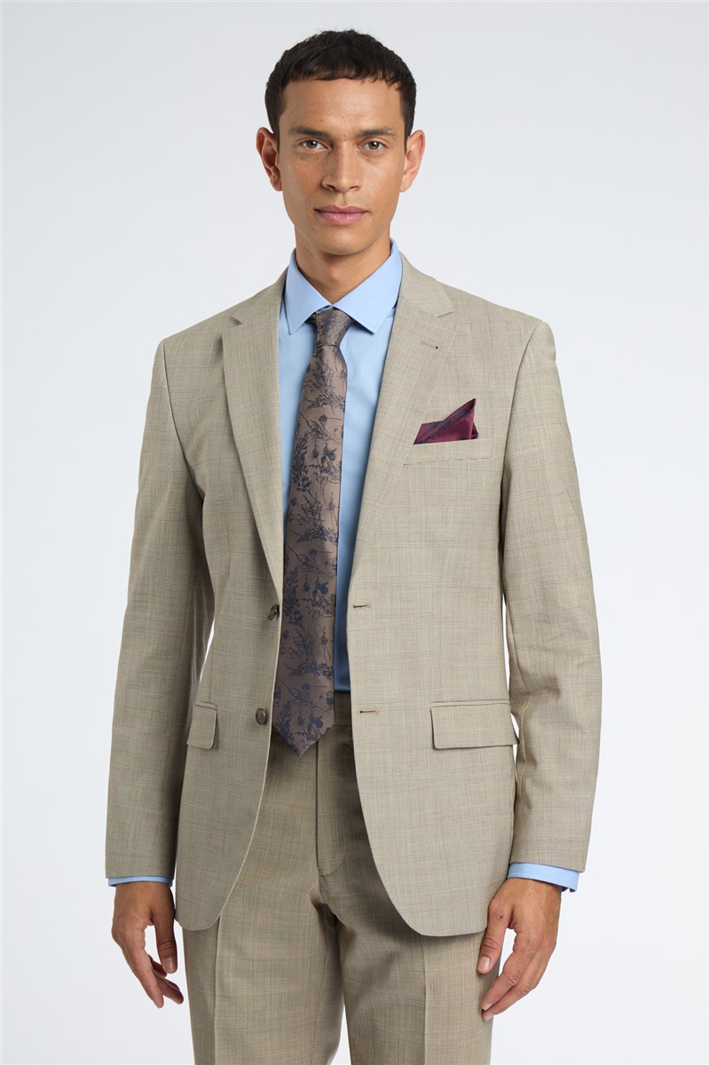  Regular Fit Beige Check Wool Stretch Suit