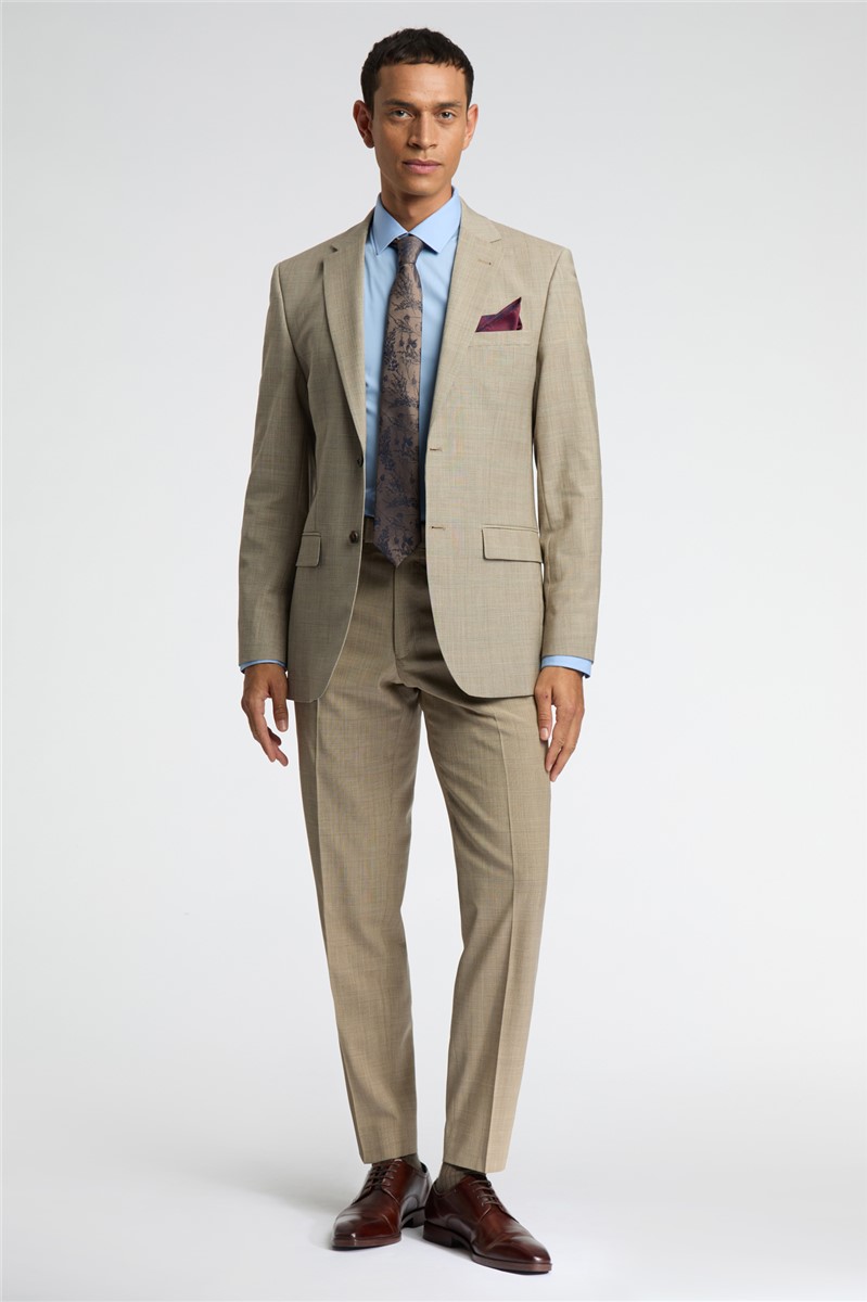  Regular Fit Beige Check Wool Stretch Suit