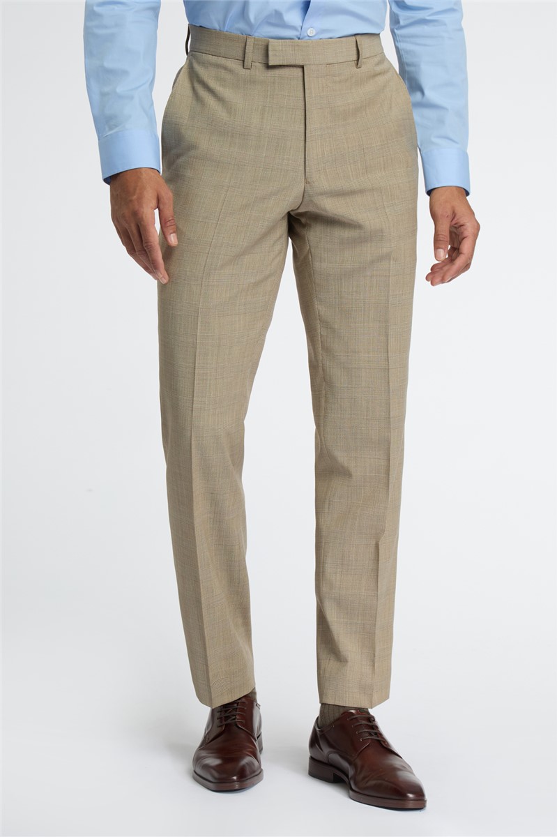  Regular Fit Beige Check Wool Stretch Trousers