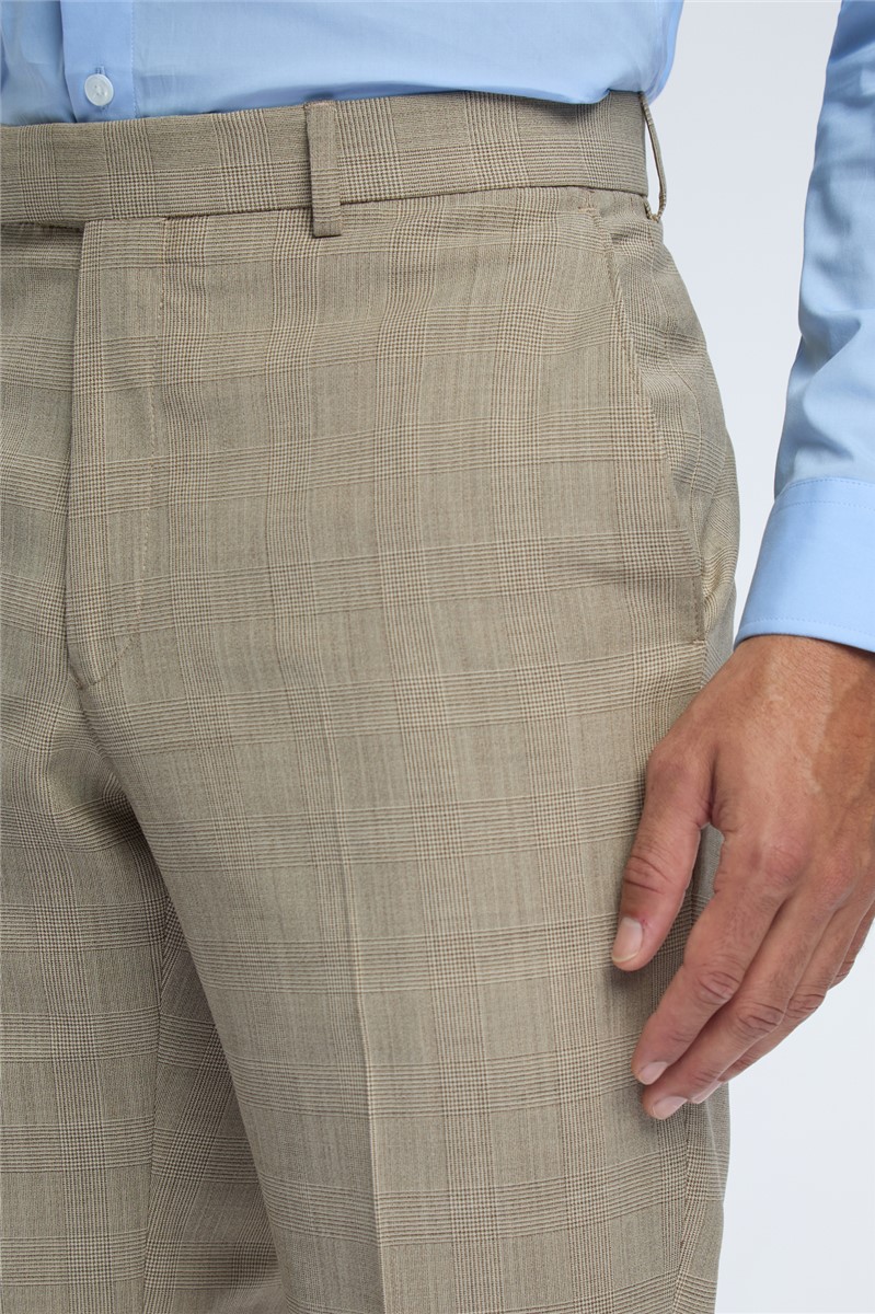  Regular Fit Beige Check Wool Stretch Trousers