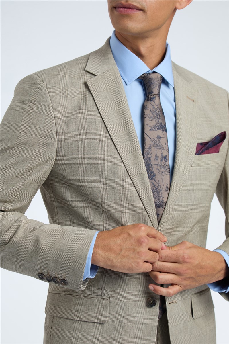  Regular Fit Beige Check Wool Stretch Suit