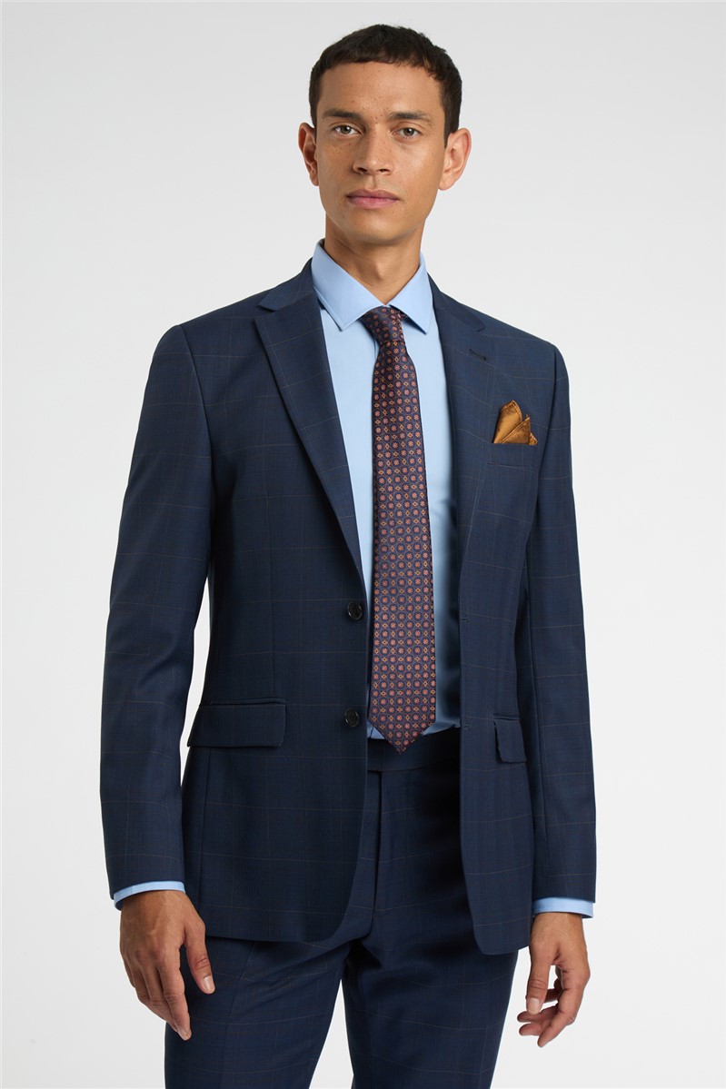  Regular Fit Blue Tan Windowpane Stretch Suit