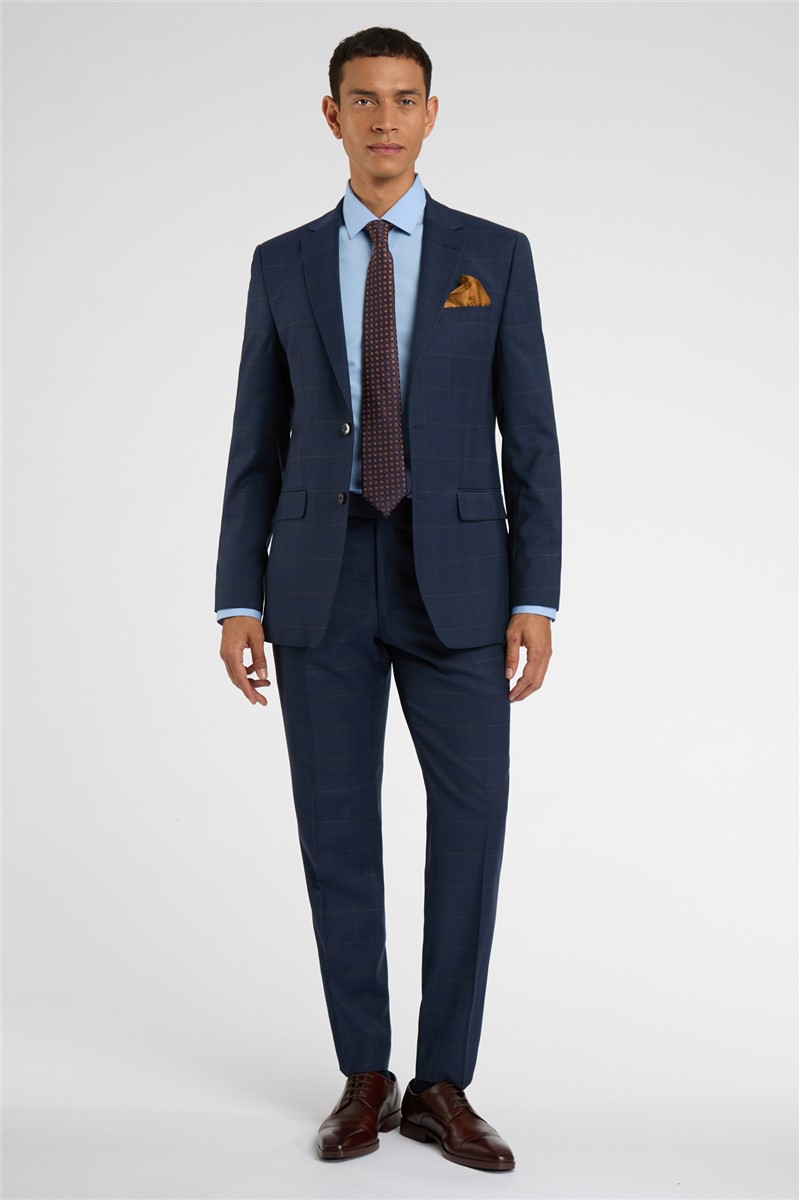  Regular Fit Blue Tan Windowpane Stretch Suit