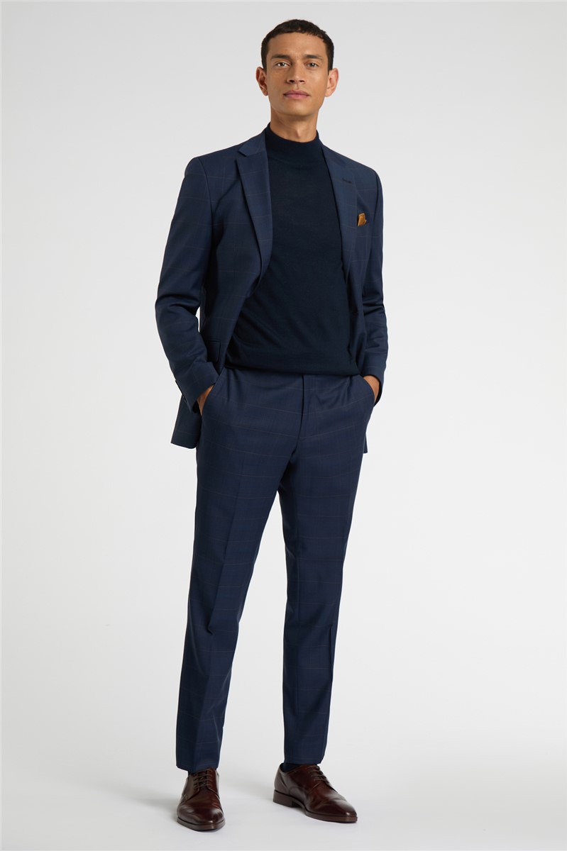  Regular Fit Blue Tan Windowpane Stretch Suit