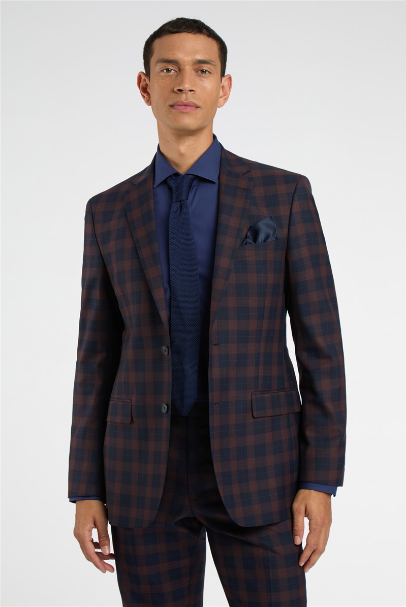  Regular Fit Navy Burgundy Check Wool Trousers