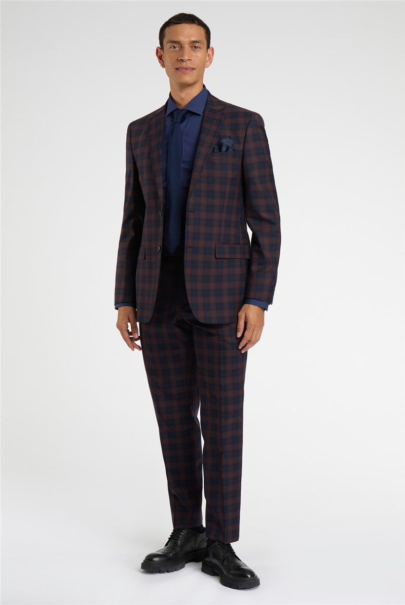  Regular Fit Navy Burgundy Check Wool Trousers