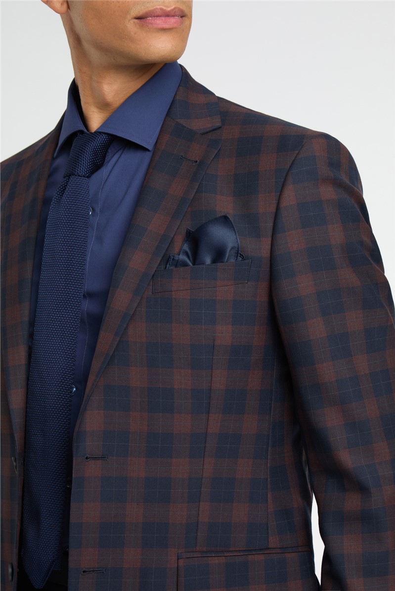  Regular Fit Navy Burgundy Check Wool Suit