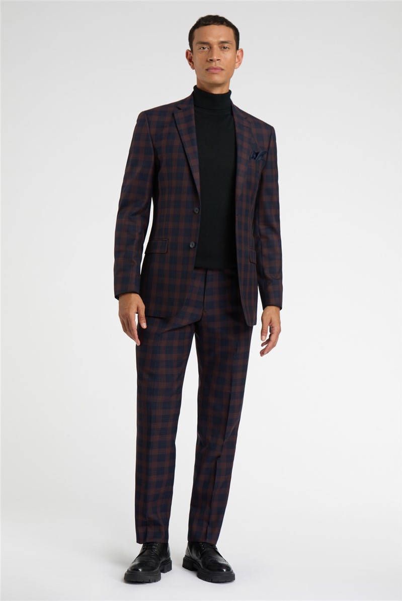  Regular Fit Navy Burgundy Check Wool Suit