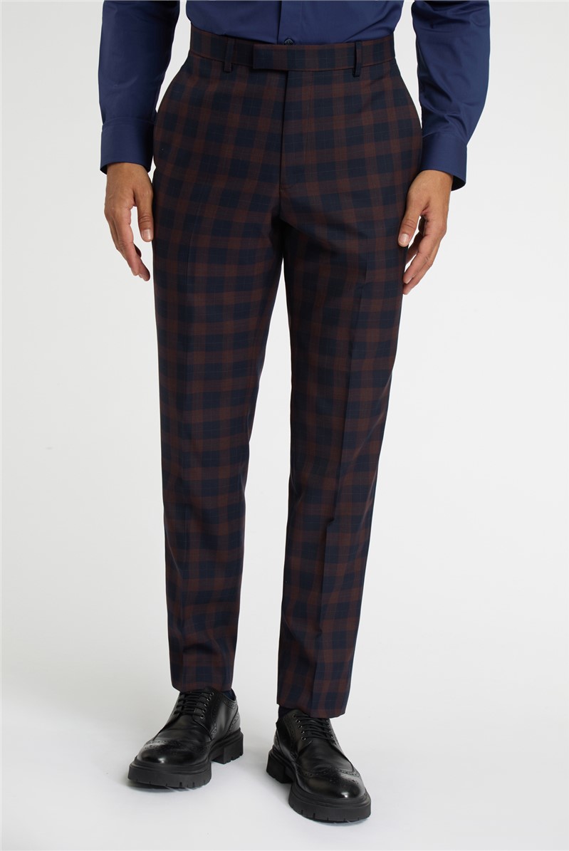  Regular Fit Navy Burgundy Check Wool Suit