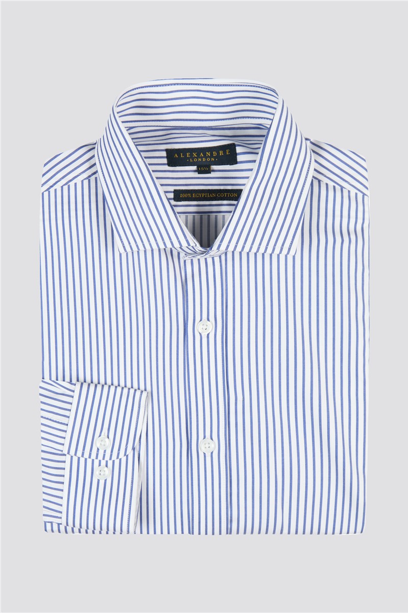  Tailored Fit Blue Striped Adjustable Cuff Cutaway Collar Shirt