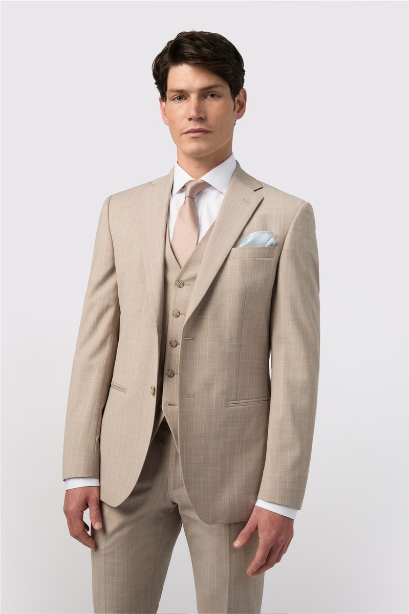  Tailored Fit Stone Chalkstripe Performance Suit
