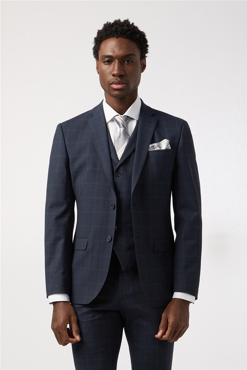  Tailored Fit Performance Dark Navy Stone Check Suit