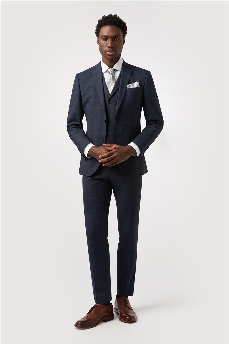  Tailored Fit Performance Dark Navy Stone Check Suit