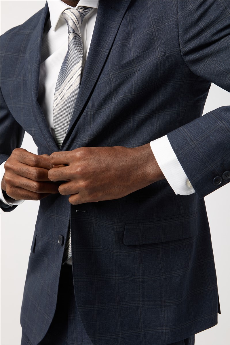  Tailored Fit Performance Dark Navy Stone Check Suit