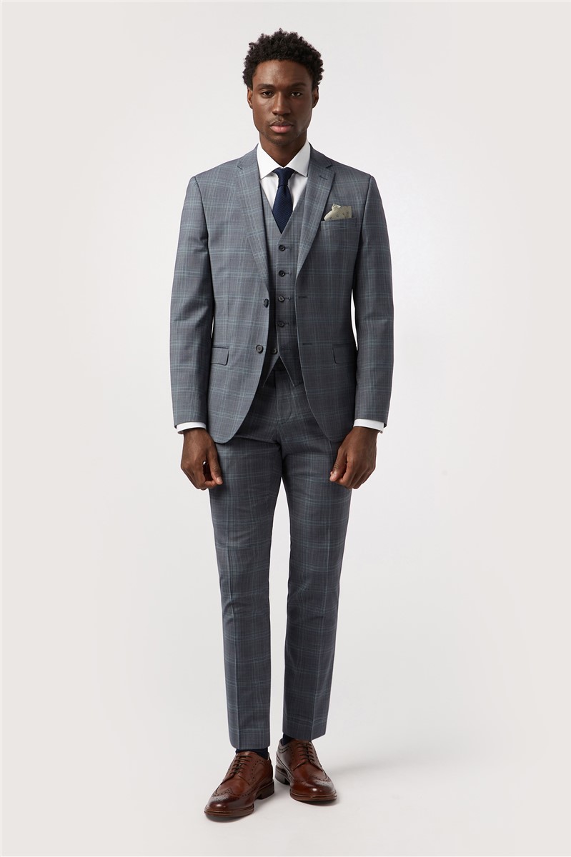  Tailored Fit Blue Seafoam Check Waistcoat