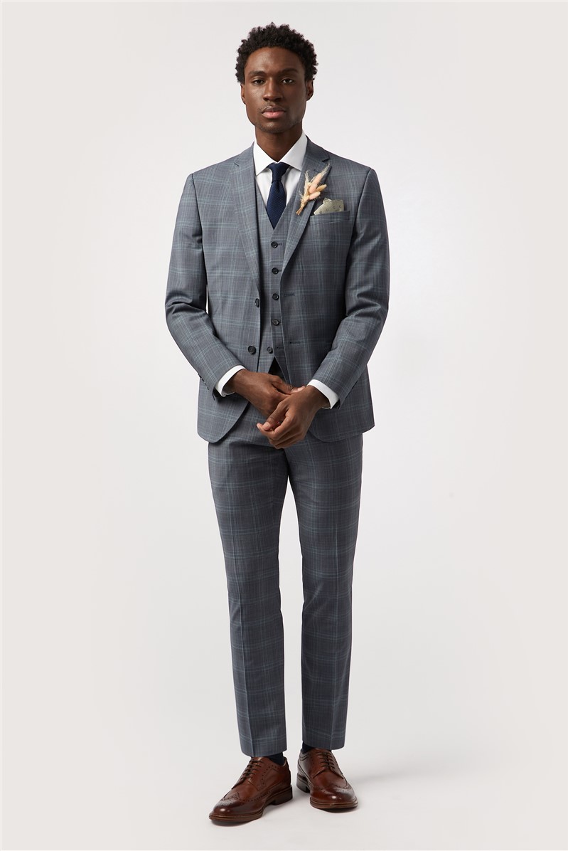  Tailored Fit Blue Seafoam Check Waistcoat