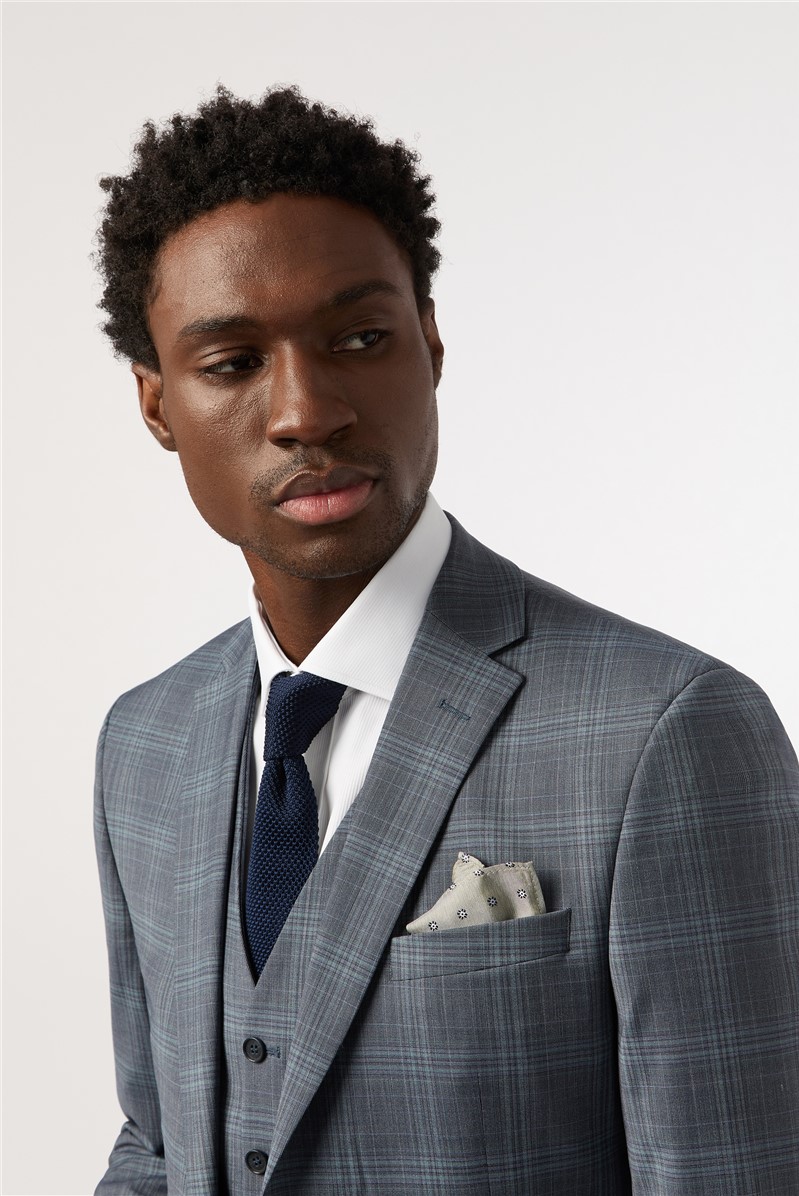  Tailored Fit Blue Seafoam Check Waistcoat