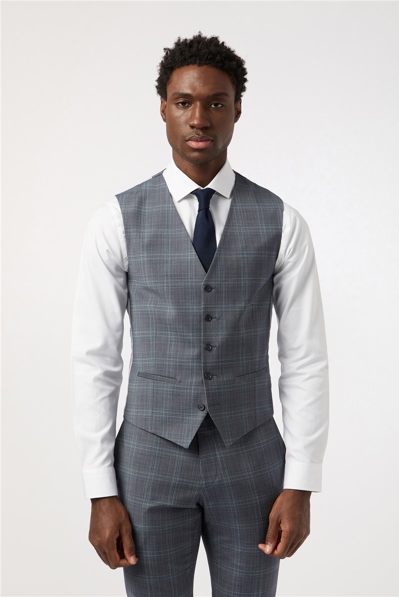  Tailored Fit Blue Seafoam Check Waistcoat
