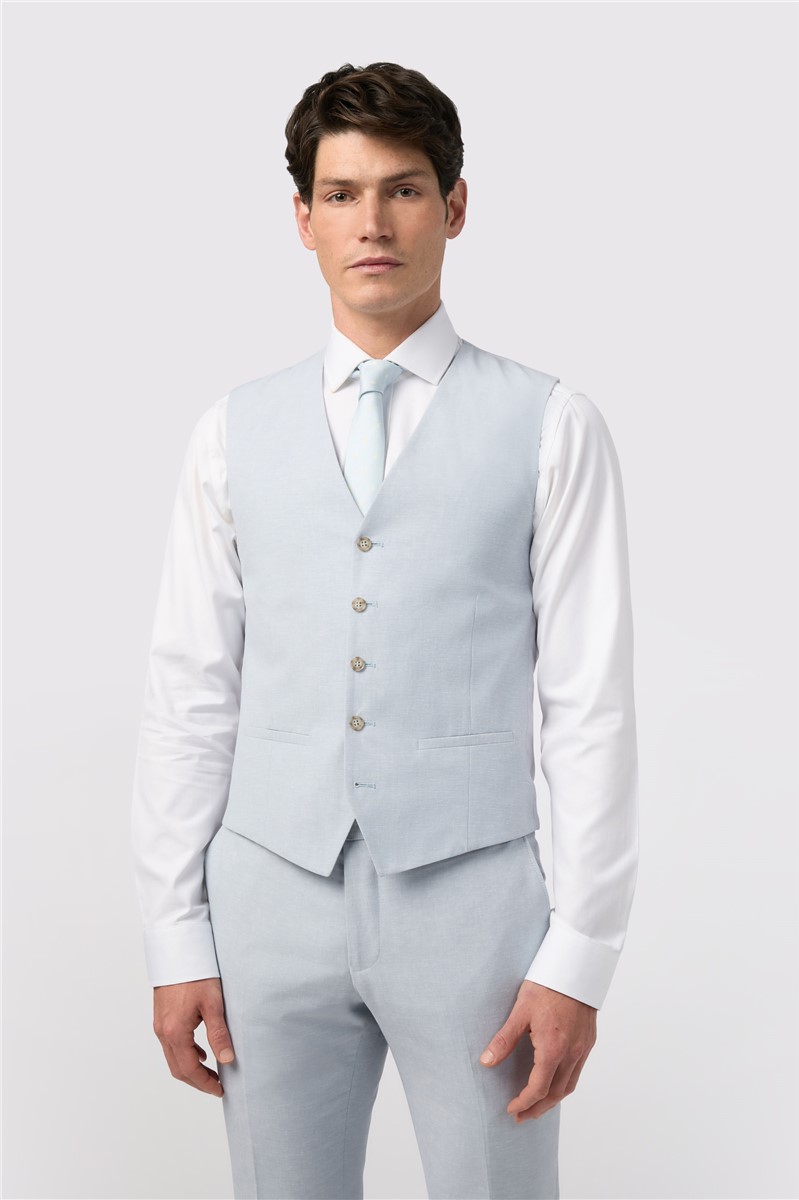  Tailored Fit Soft Blue Linen Waistcoat