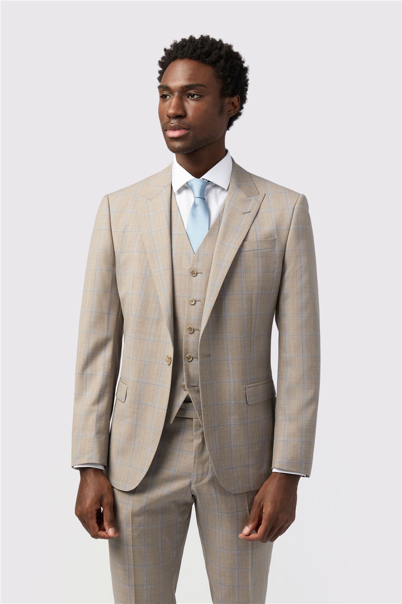  Tailored Fit Italian Oatmeal Blue Check Trousers