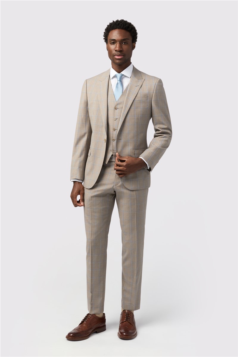  Tailored Fit Italian Oatmeal Blue Check Trousers