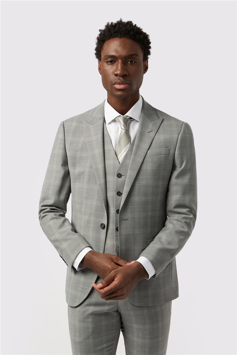  Tailored Fit Cool Grey Windowpane Check Waistcoat