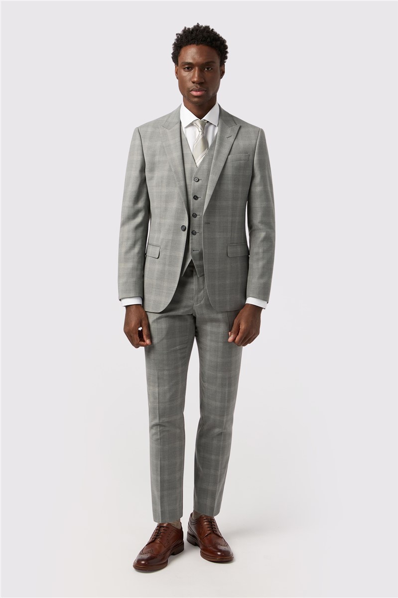  Tailored Fit Cool Grey Windowpane Check Waistcoat