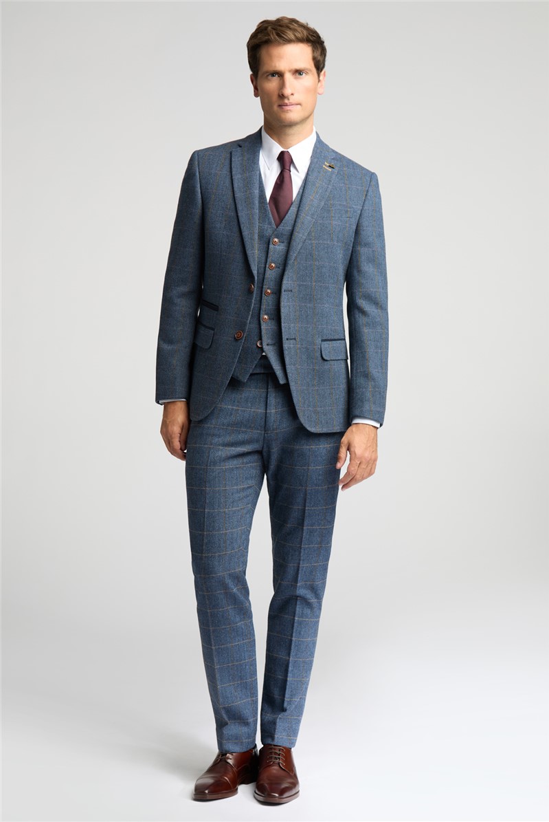  Slim Fit Denim and Tan Check Tweed Suit