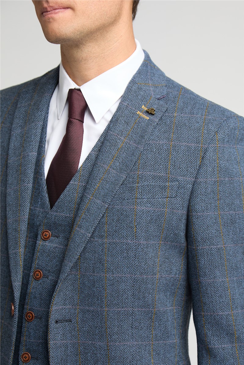  Slim Fit Lenox Denim and Tan Check Tweed Waistcoat