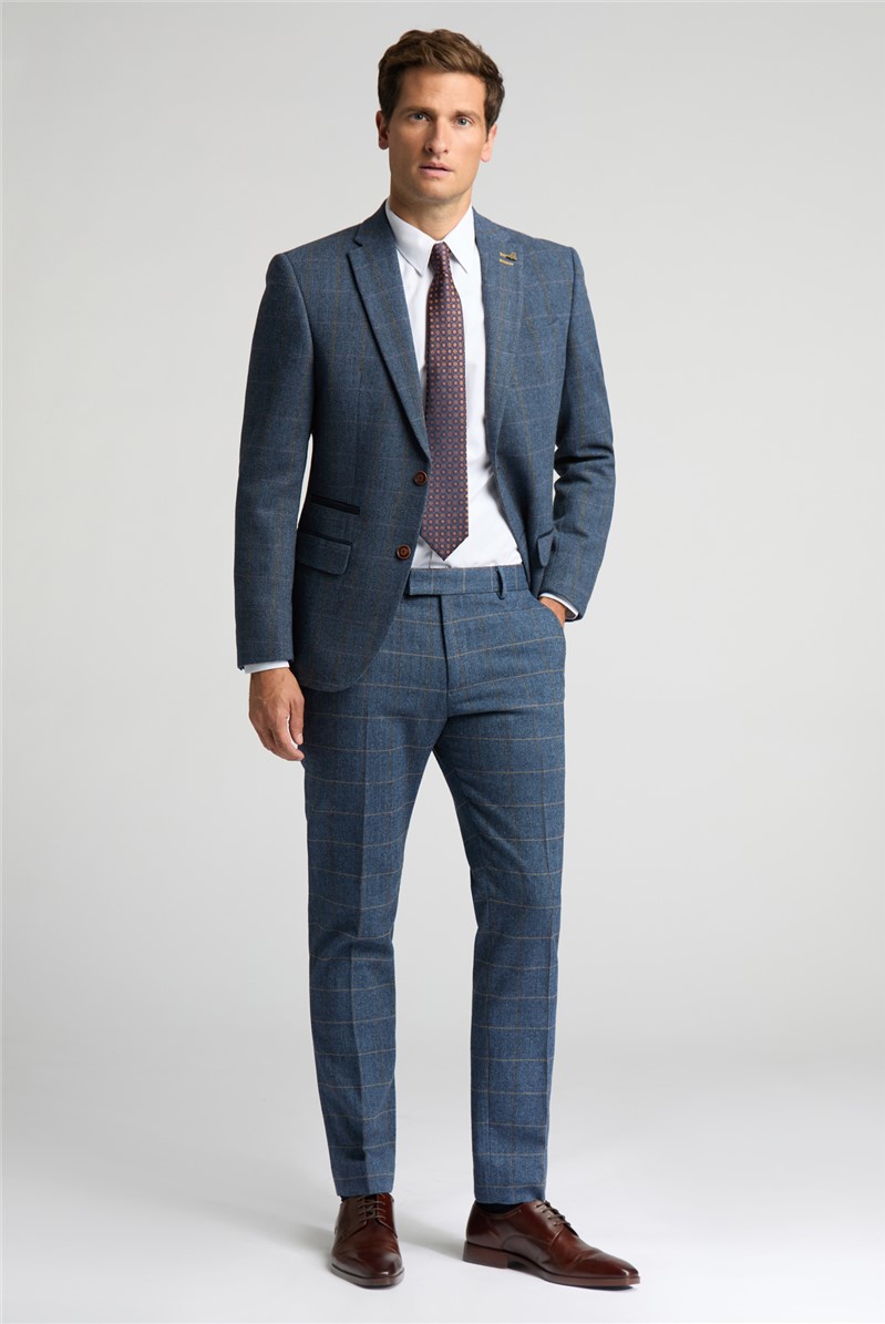  Slim Fit Denim and Tan Check Tweed Suit