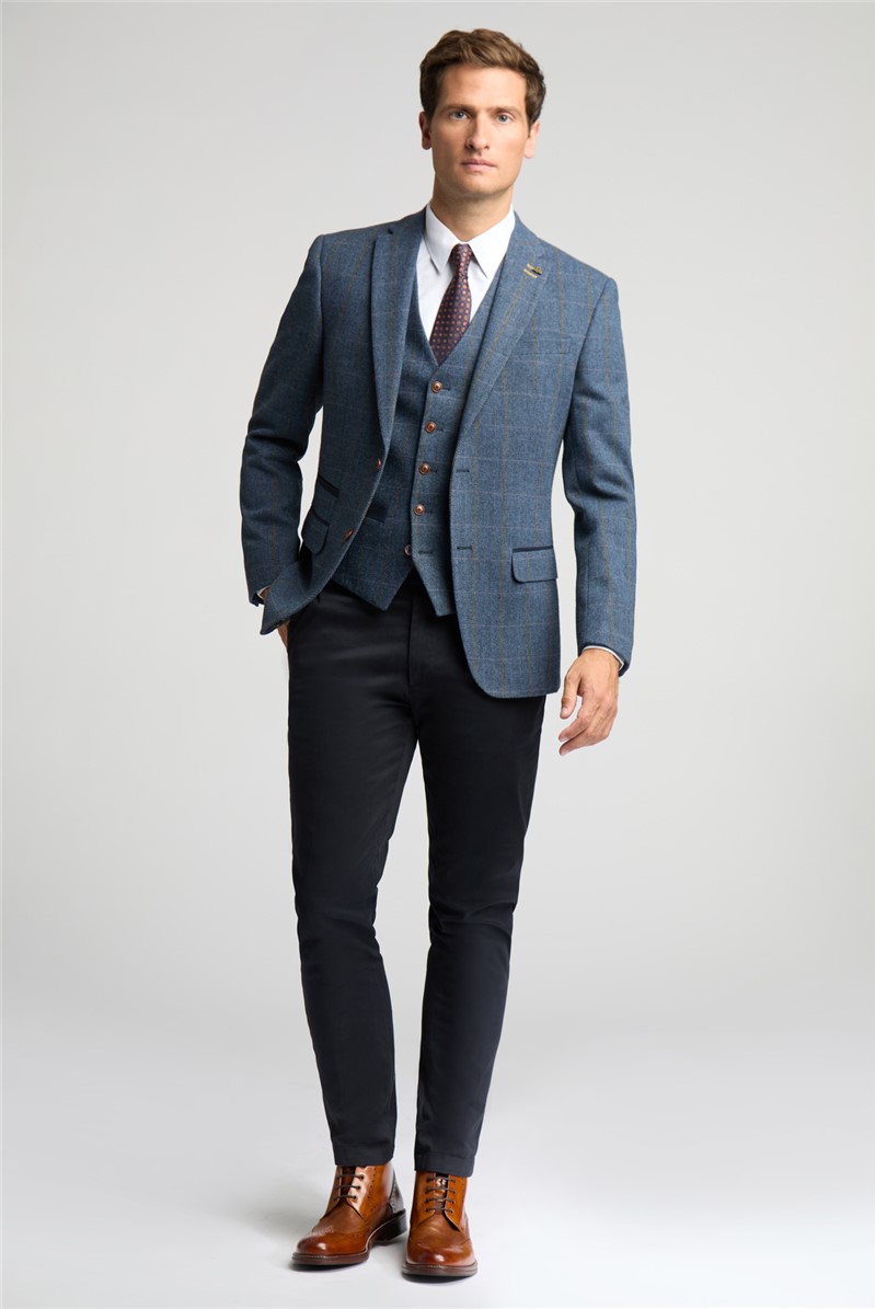  Slim Fit Denim and Tan Check Tweed Suit