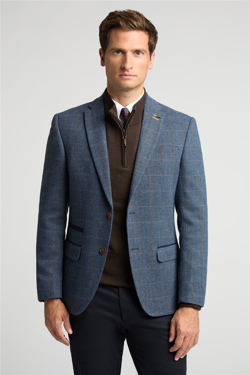  Slim Fit Denim and Tan Check Tweed Suit