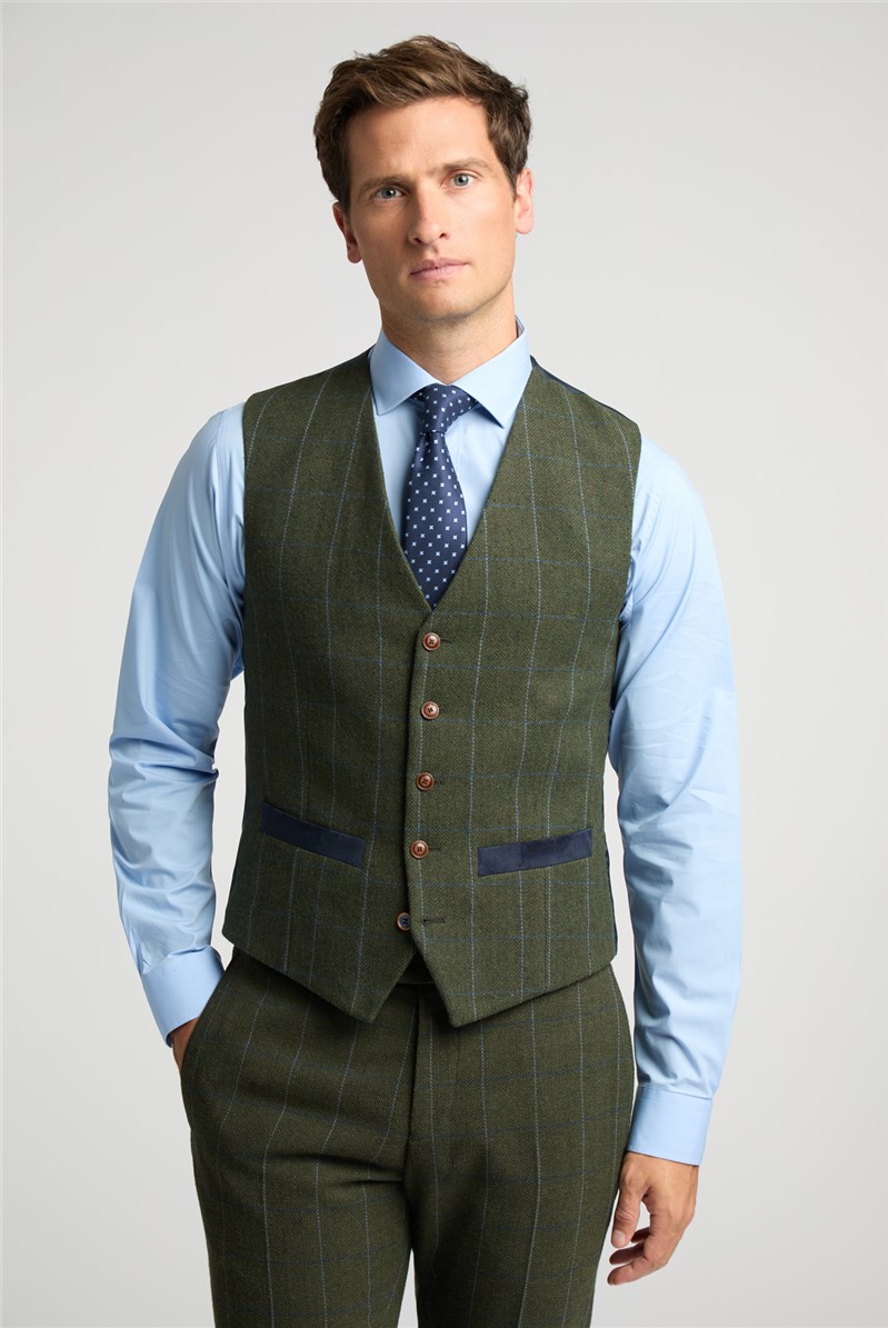  Slim Fit Hooper Green And Blue Check Tweed Waistcoat