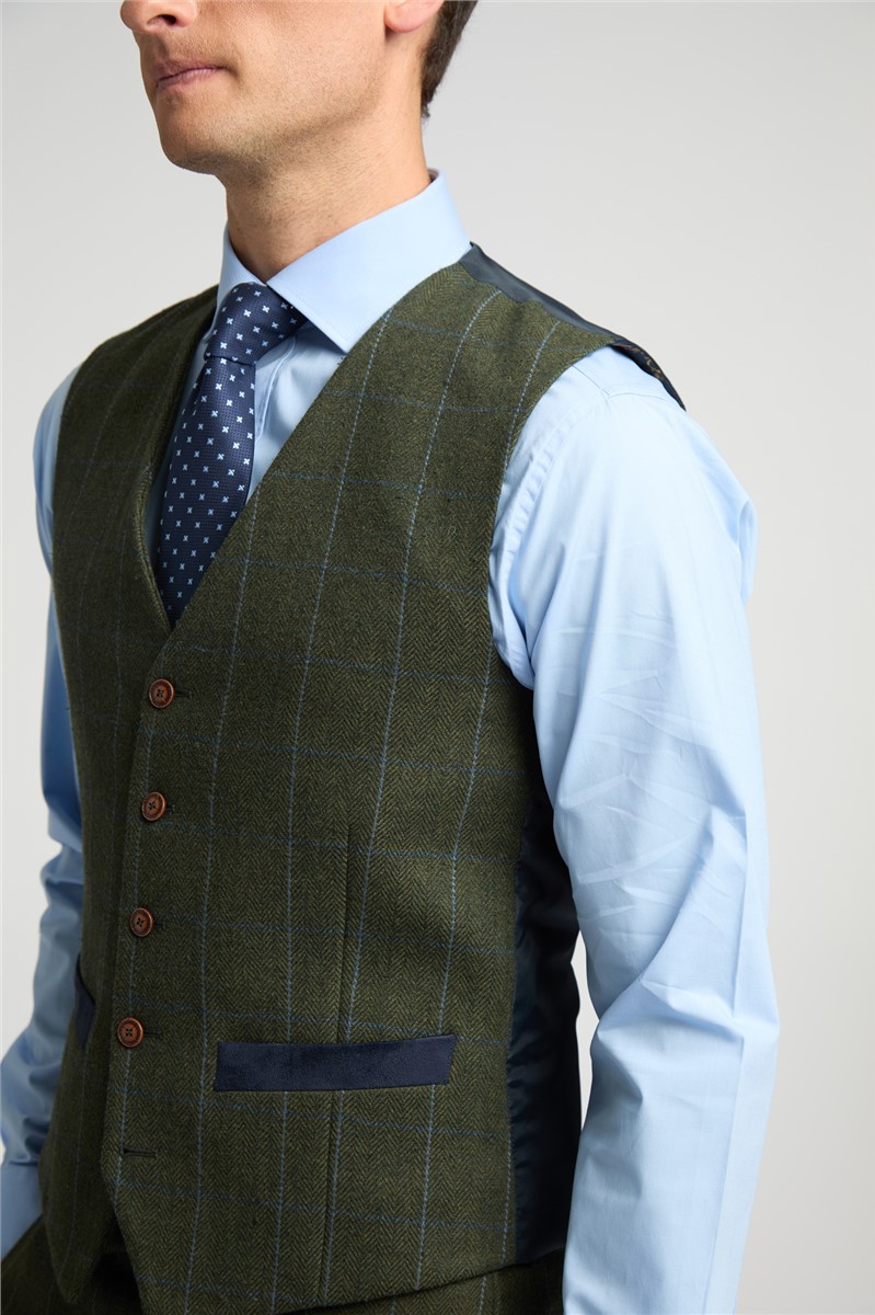  Slim Fit Hooper Green And Blue Check Tweed Waistcoat