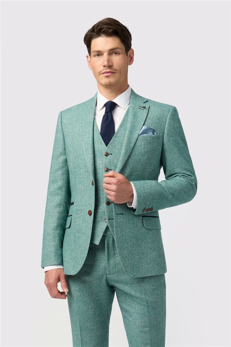  Slim Fit Green Herringbone Tweed Waistcoat