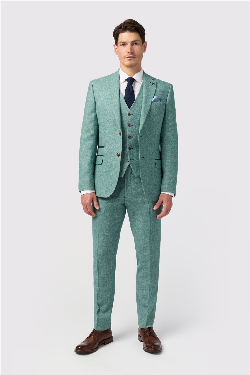  Slim Fit Green Herringbone Tweed Waistcoat