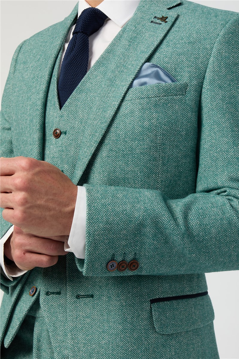  Slim Fit Green Herringbone Tweed Waistcoat