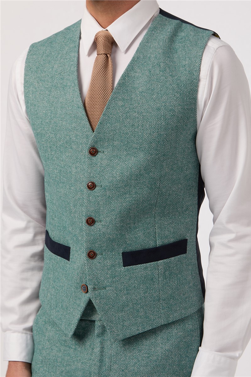  Slim Fit Green Herringbone Tweed Waistcoat