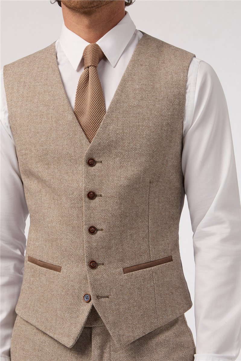  Slim Fit Taupe Tweed Waistcoat