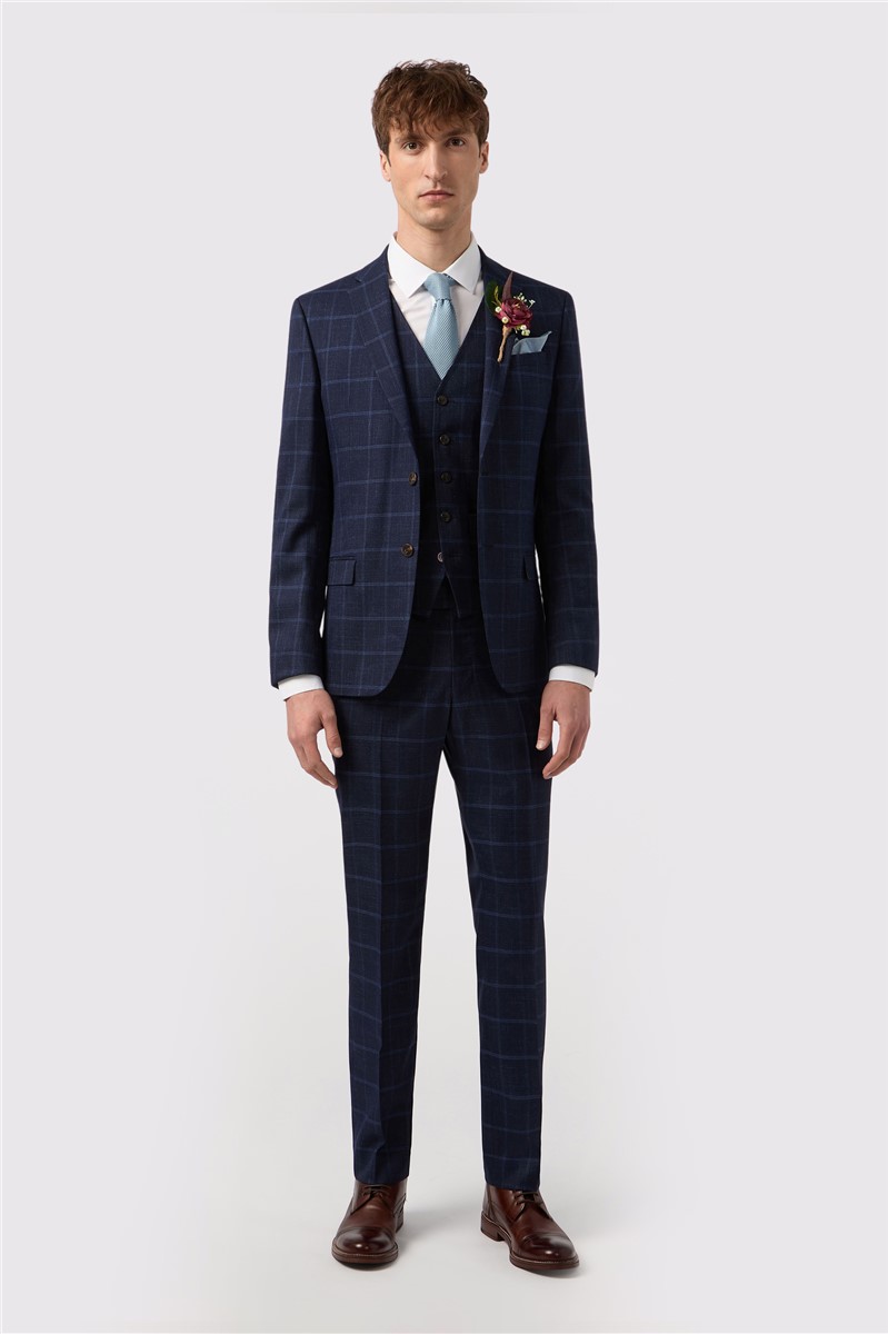  Slim Fit Blue Windowpane Check Trouser