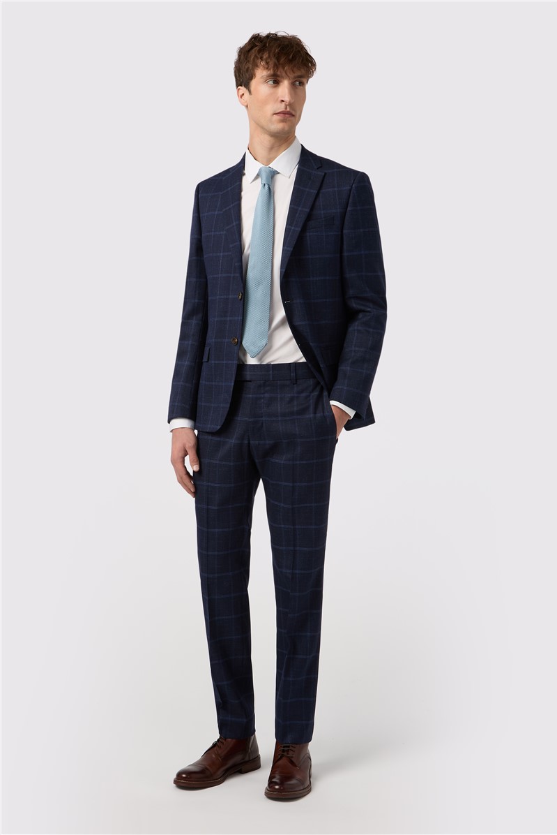  Slim Fit Blue Windowpane Check Trouser