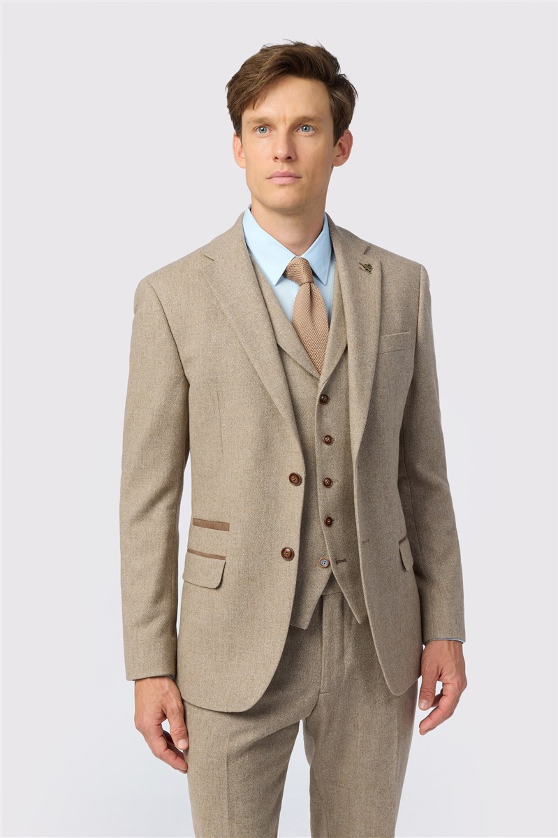  Slim Fit Camel Herringbone Tweed Suit