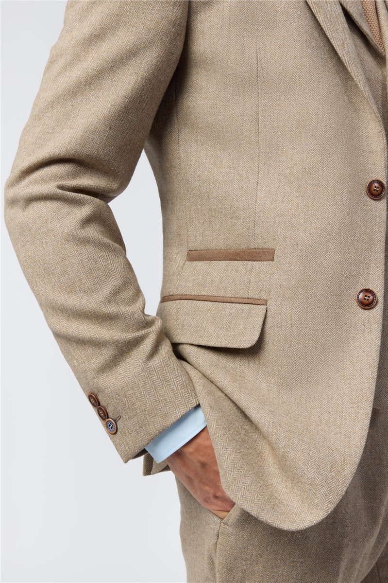  Slim Fit Camel Herringbone Tweed Suit